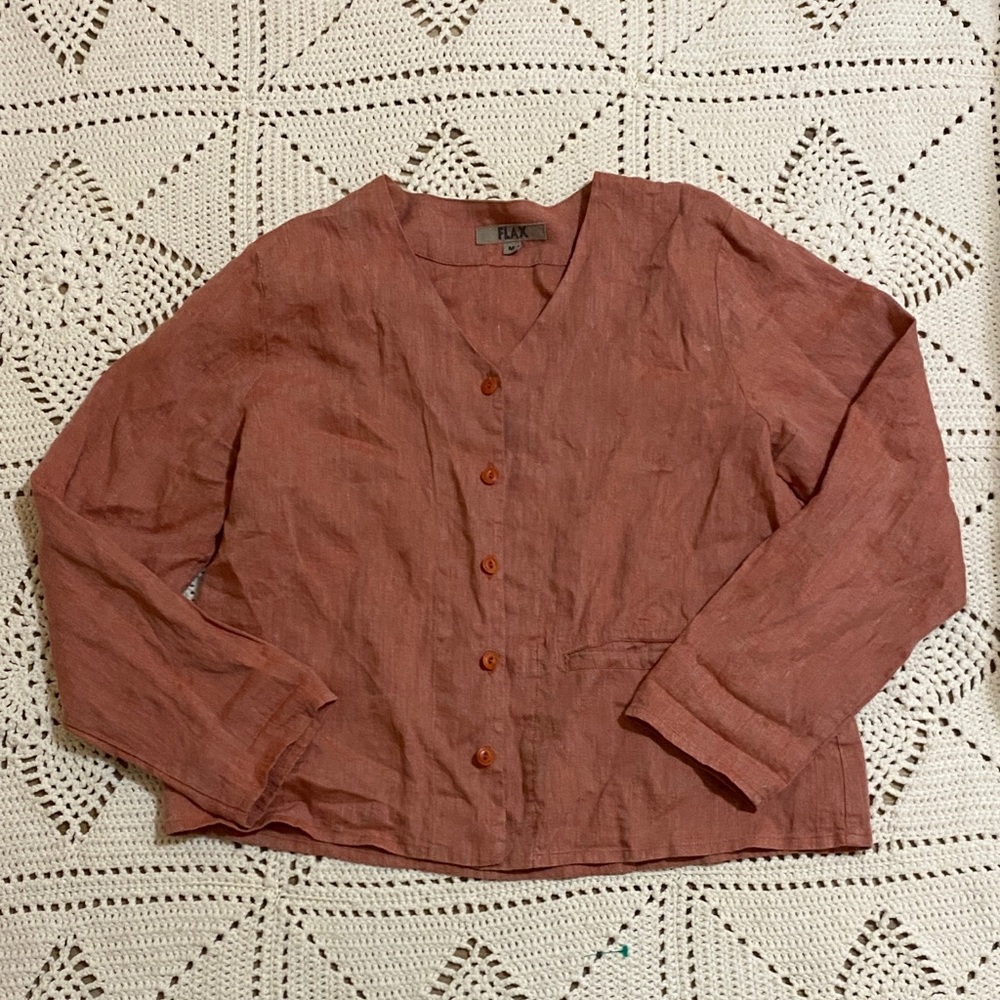 FLAX 100% Linen Orange Red Button Down Crewneck Long Sleeve Blouse Size M
